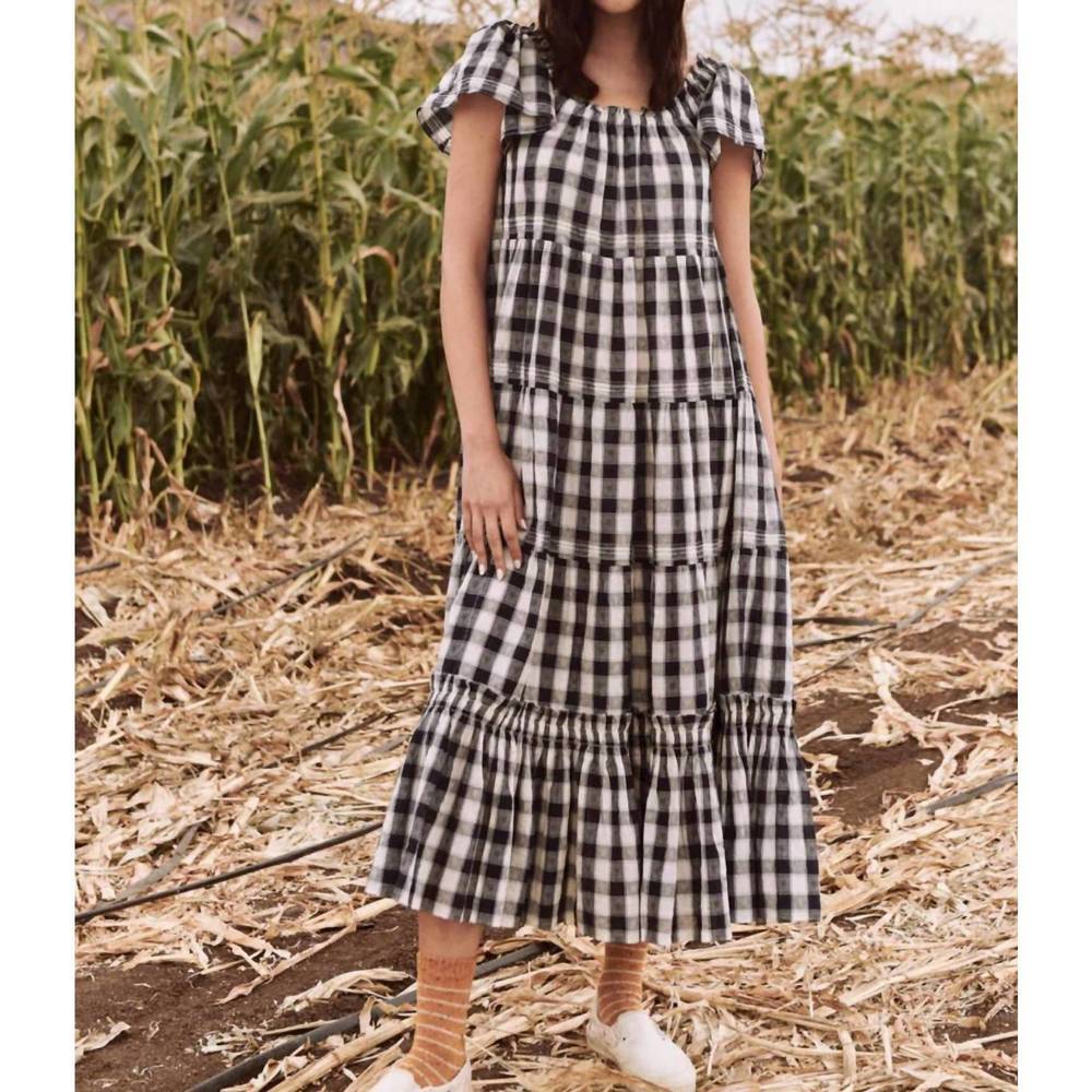 THE GREAT. Gingham Maxi Dress in Blue and White